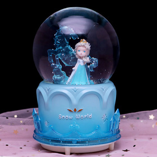 公主蓝色城堡水晶球八音盒飘雪旋转水球摆件女孩儿童音乐盒礼物