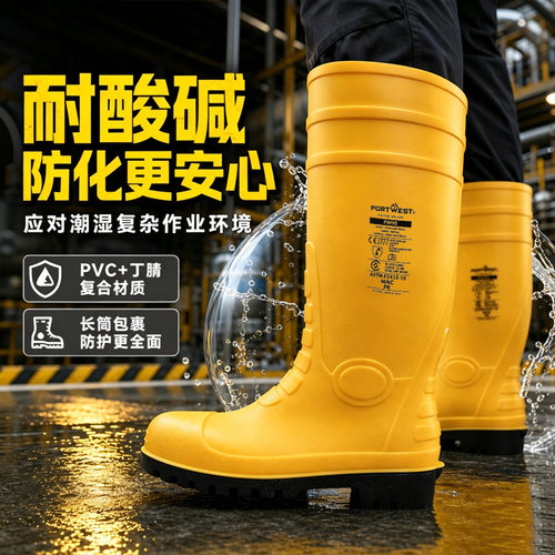 PORTWEST波伟斯特FW95加长防化雨靴耐酸碱防砸钢头污水丁腈劳保靴