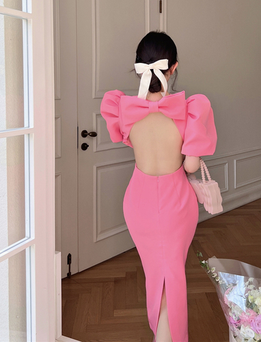 Real shooting summer Sexy Pink backless big bow dress bubble sleeve Hip Wrap long skirt female