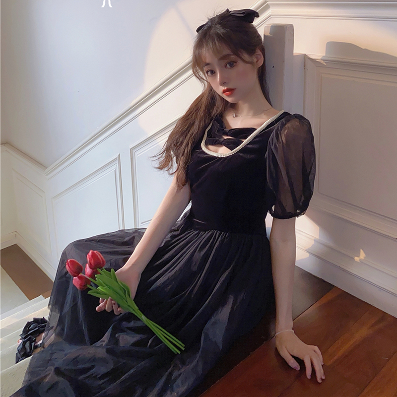 Real sexy new style square neck bow tie short sleeve velvet mesh dress long skirt women's summer