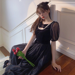 Real sexy new style square neck bow tie short sleeve velvet mesh dress long skirt women's summer