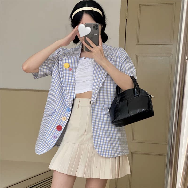 Real Korean version loose color button foreign style short sleeve shirt thin Plaid suit coat