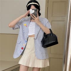Real Korean version loose color button foreign style short sleeve shirt thin Plaid suit coat