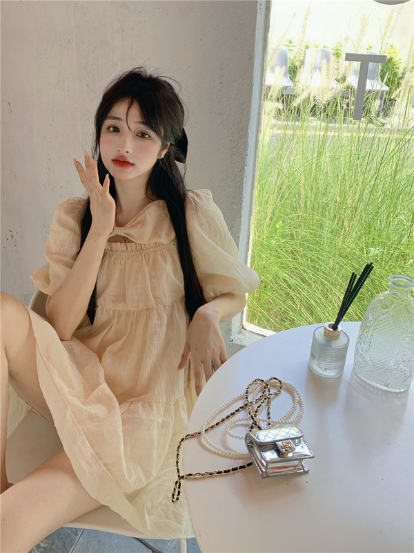 Real photo bowknot bubble sleeve smart girl doll dress pleated skirt