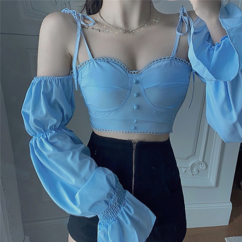 Real shooting off shoulder V-neck crowd sexy lace up open navel short slim long sleeve shirt