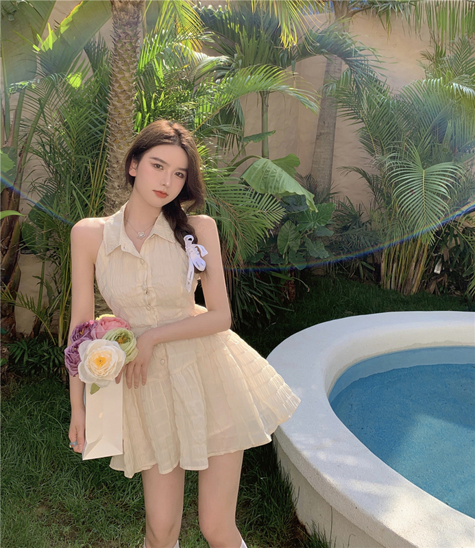 Real shot bubble fabric chiffon shirt collar neck sexy dress open back lace up skirt women's summer