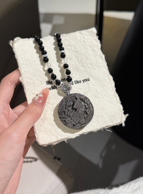 天然黑曜石 银曜石九尾狐狸吊坠花好月团圆回眸狐狸项链