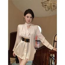 法式气质名媛高级感小众缎面衬衫白色连衣裙不规则长袖短裙子女装