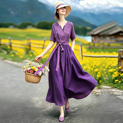 赫轩原著民族风高档亚麻连衣裙夏季文艺女装复古紫色韵味拼接长裙