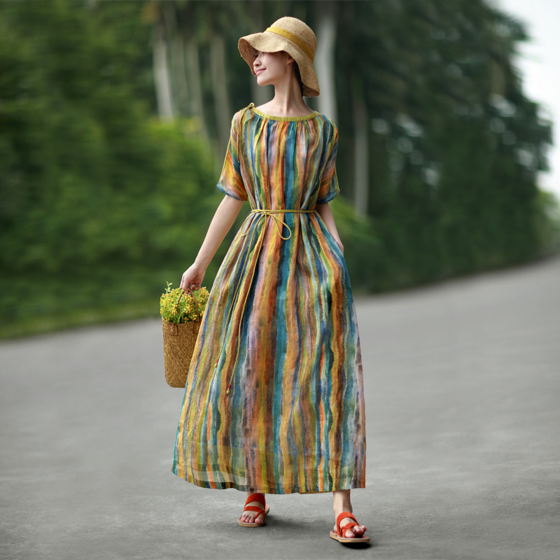 亚麻高档条纹民族风宽松长裙文艺