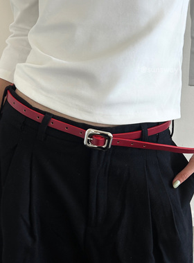 sunsway韩系细窄款纯色极简方形银扣皮带简约通勤百搭配饰腰带