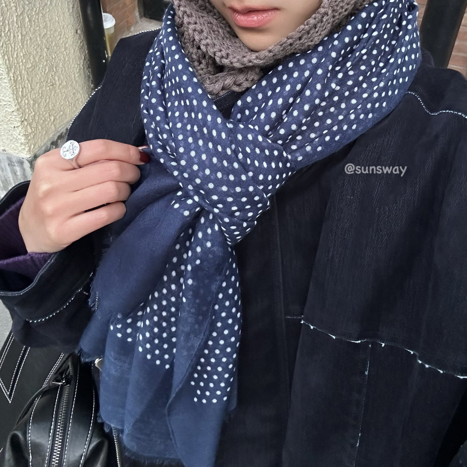 法式复古蓝色波点棉麻围巾