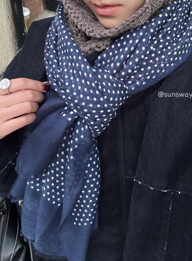 SUNSWAY法式复古蓝色波点棉麻围巾韩女秋冬ins百搭保暖丝巾披肩