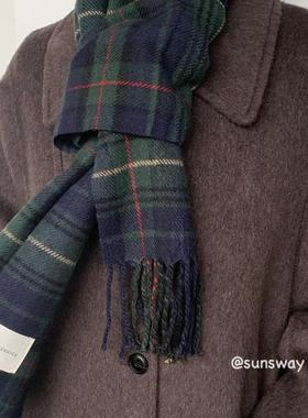 sunsway韩ins简约绿色拼接格纹薄款围巾秋冬保暖学院风长款围脖