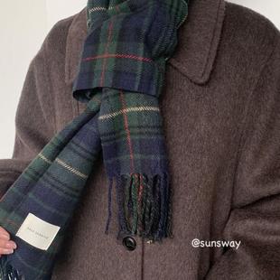 sunsway韩ins简约绿色拼接格纹薄款 围脖 围巾秋冬保暖学院风长款