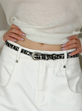 SUNSWAY二层牛皮豹纹细窄款真皮皮带ins风简约百搭牛仔裤配饰腰带