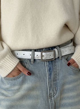 SUNSWAY镀银方扣复古做旧裂纹皮带辣妹简约百搭男女同款配饰腰带