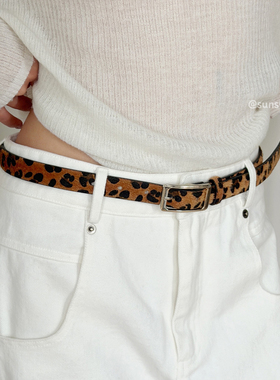 SUNSWAY豹纹细窄款方形扣皮带涩谷街头辣妹风简约百搭配饰腰带