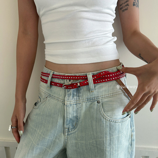 sunsway双层细窄款铆钉镶嵌PU皮带甜酷辣妹风配皮裙百搭配饰腰带