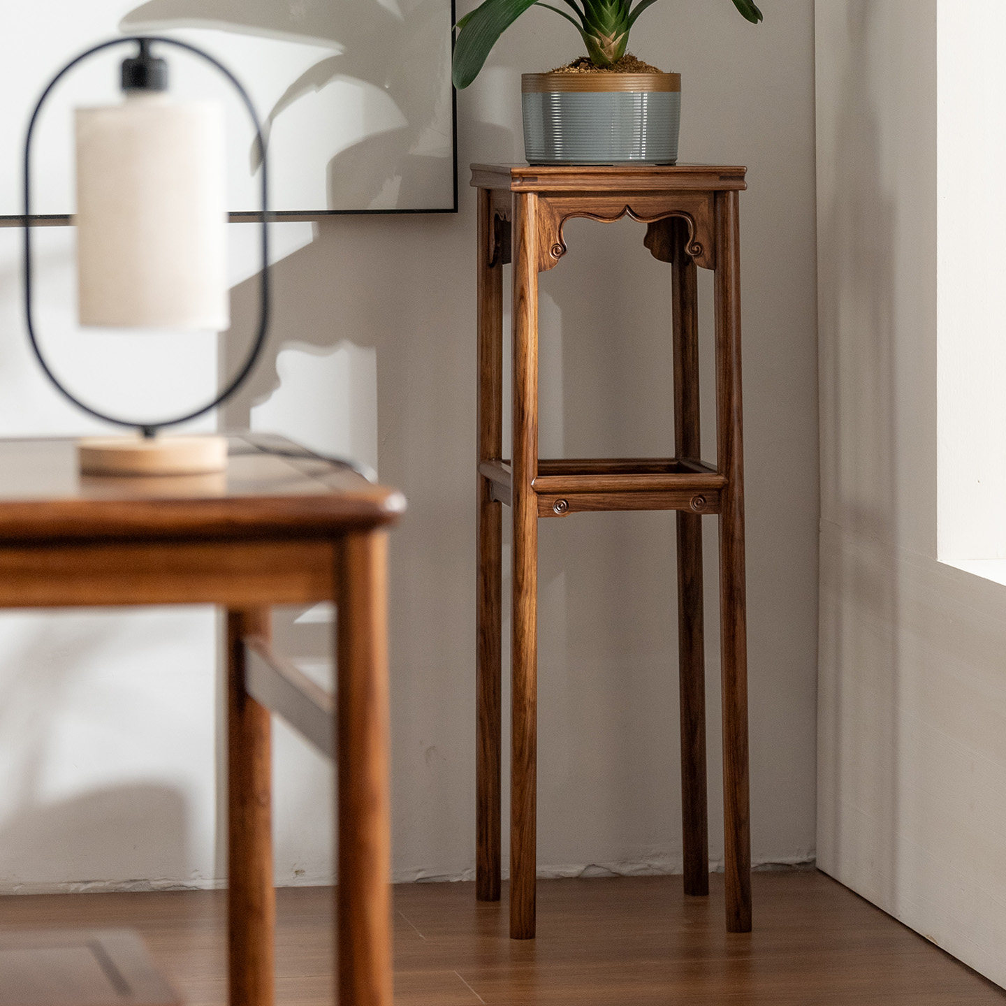 乌金木中式实木花架落地多层