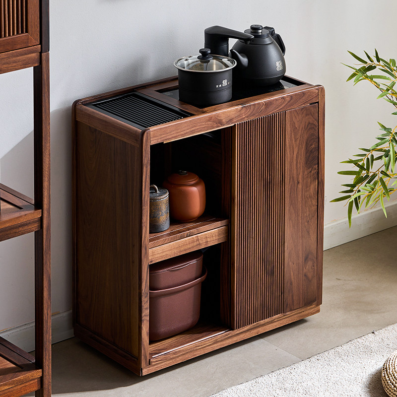 北美黑胡桃移动茶水柜实木茶边柜小型家用烧水壶一体边几茶桌茶台
