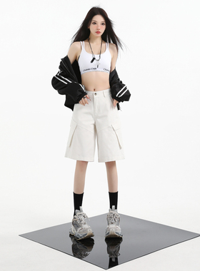 美式复古设计感牛仔五分裤女2026新款夏季白色辣妹宽松显瘦直筒裤