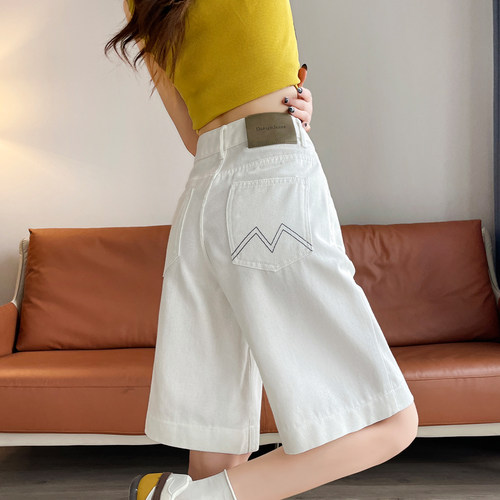 白色美式高腰阔腿牛仔五分裤女
