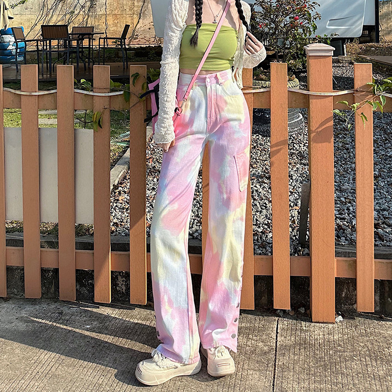 马卡龙高腰显瘦阔腿牛仔裤