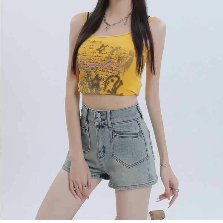美式复古高腰辣妹提臀显瘦牛仔短