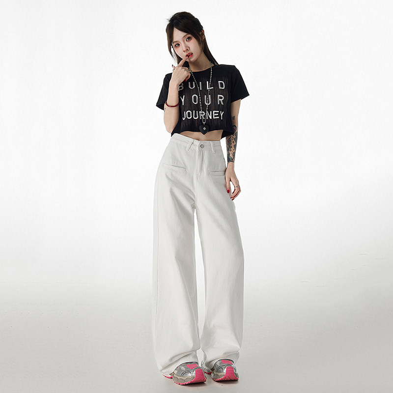 白色高街辣妹显瘦阔腿牛仔裤女