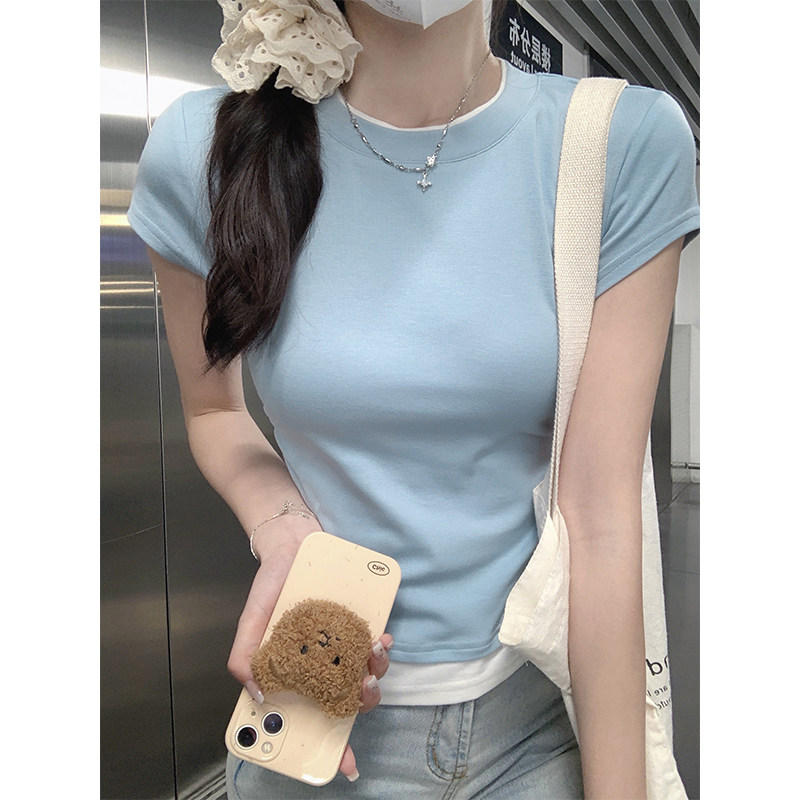 美式辣妹假两件短袖T恤女夏季修身韩版内搭打底衫短款小个子上衣