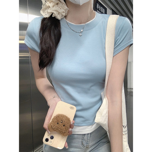 夏季美式辣妹假两件修身短袖T恤