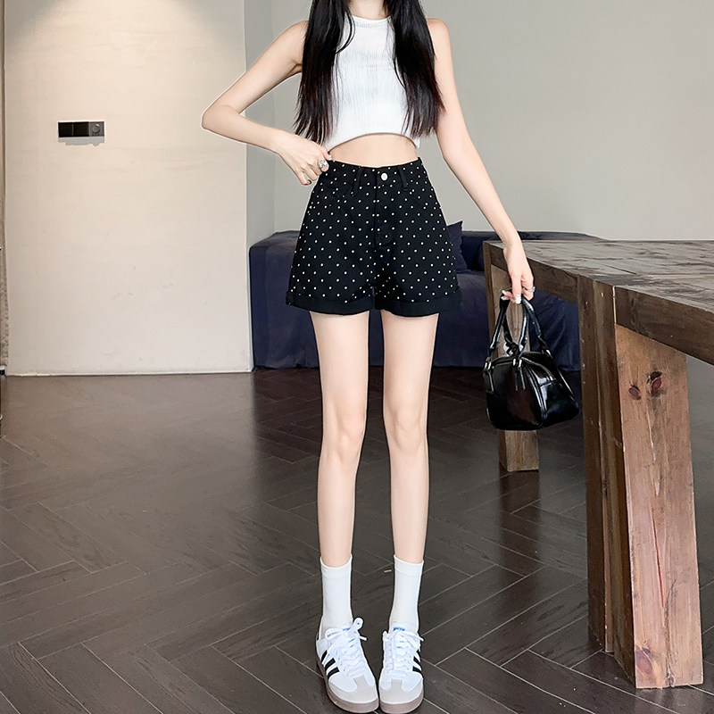 卷边高腰波点阔腿牛仔短裤女夏季2026新款黑色设计感显瘦宽松热裤