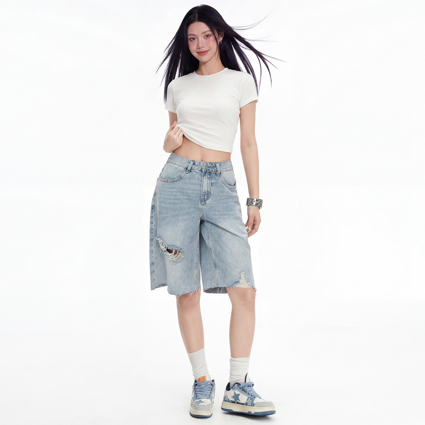 夏季高腰显瘦破洞牛仔五分裤女