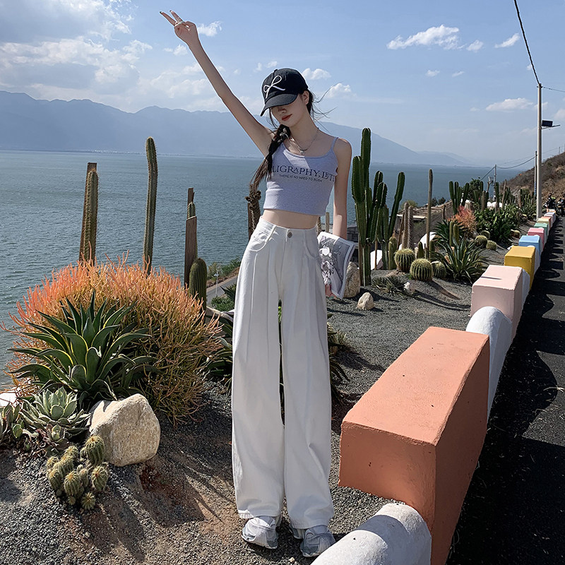 美式白色高腰阔腿牛仔裤女夏秋