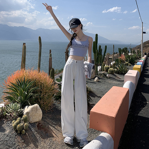 美式白色高腰阔腿牛仔裤女夏秋