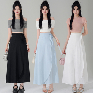 新款 系带包臀荷叶边裹裙高腰a字裙子 雪纺半身裙女夏季 白色一片式