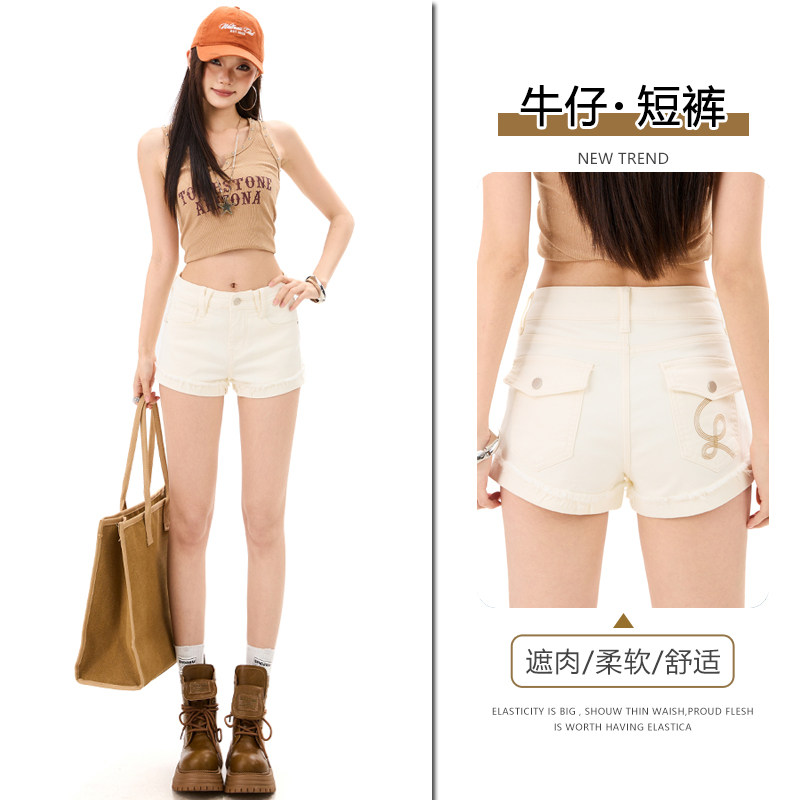美式白色牛仔热裤女修身显瘦