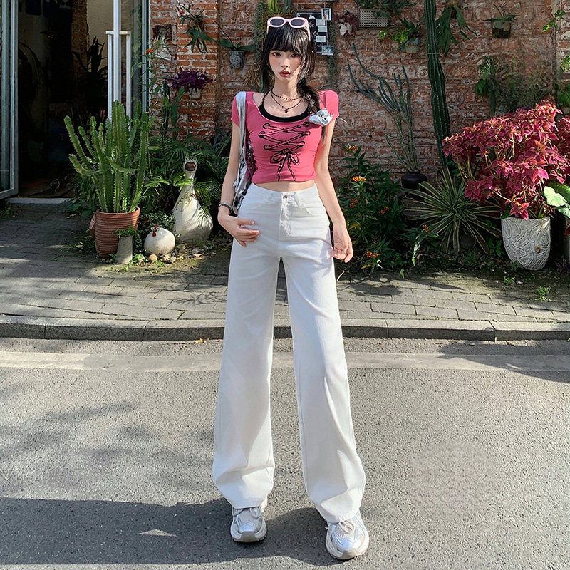 白色窄版阔腿牛仔裤女2026夏季新款小个子高级感显瘦高腰直筒裤子