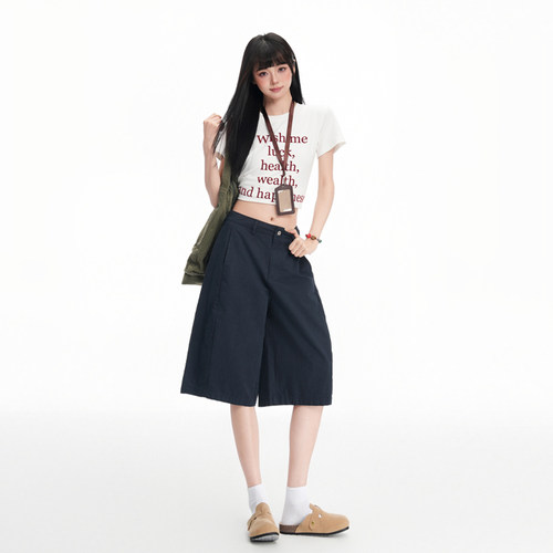 藏蓝工装五分短裤女夏季显瘦