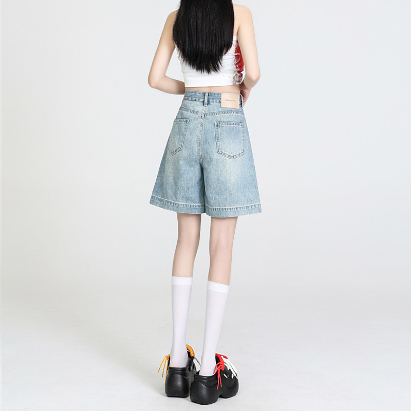 浅蓝高腰牛仔短裤女2026夏季新款小个子宽松直筒腰头设计感五分裤