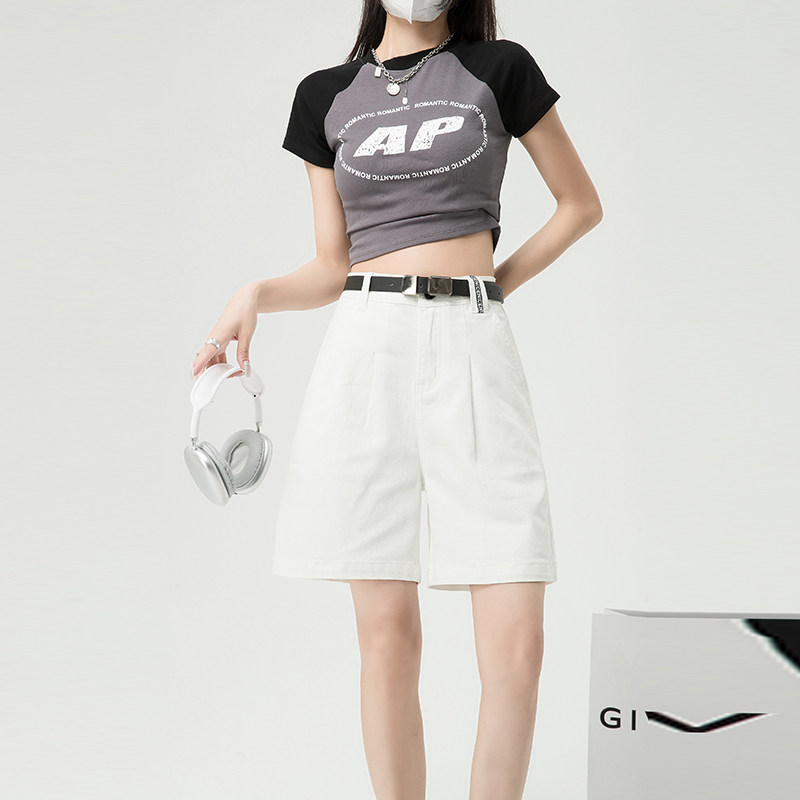 白色高腰牛仔短裤女夏季2026新款小个子宽松显瘦弹力阔腿五分裤子