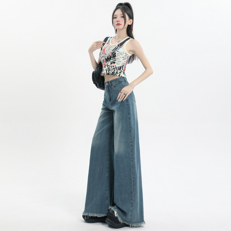 高腰宽松阔腿喇叭牛仔裤女小个子