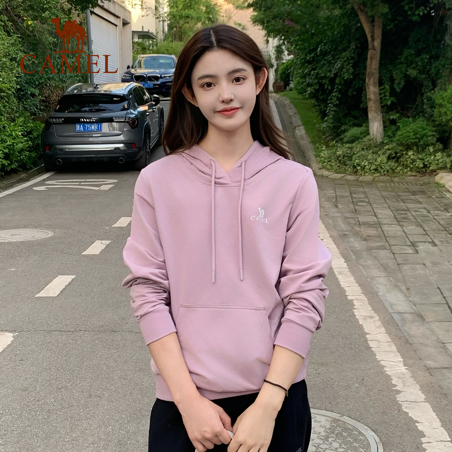 连帽卫衣女纯色宽松休闲骆驼