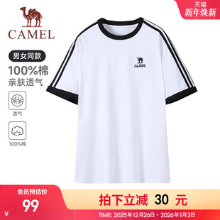 复古宽松运动休闲上衣男 圆领情侣新款 骆驼纯棉T恤女春夏季 短袖