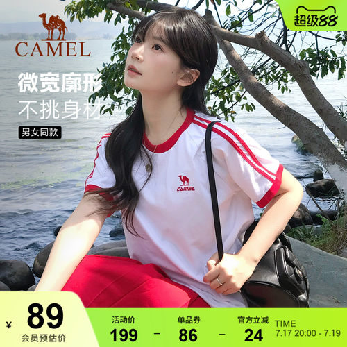 骆驼纯棉T恤女春夏季短袖圆领情侣新款复古宽松运动休闲上衣男