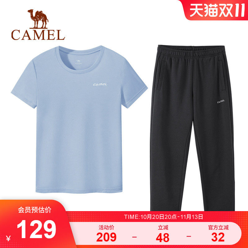 骆驼运动套装女2026春夏新款宽松透气吸汗短袖配薄款直筒休闲卫裤