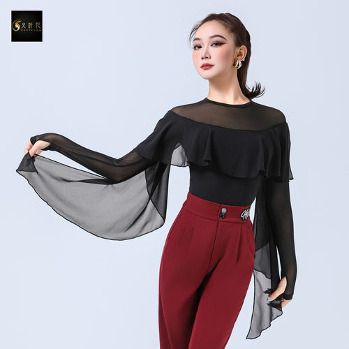 摩登舞荷叶边飘逸长袖套拇连体衣