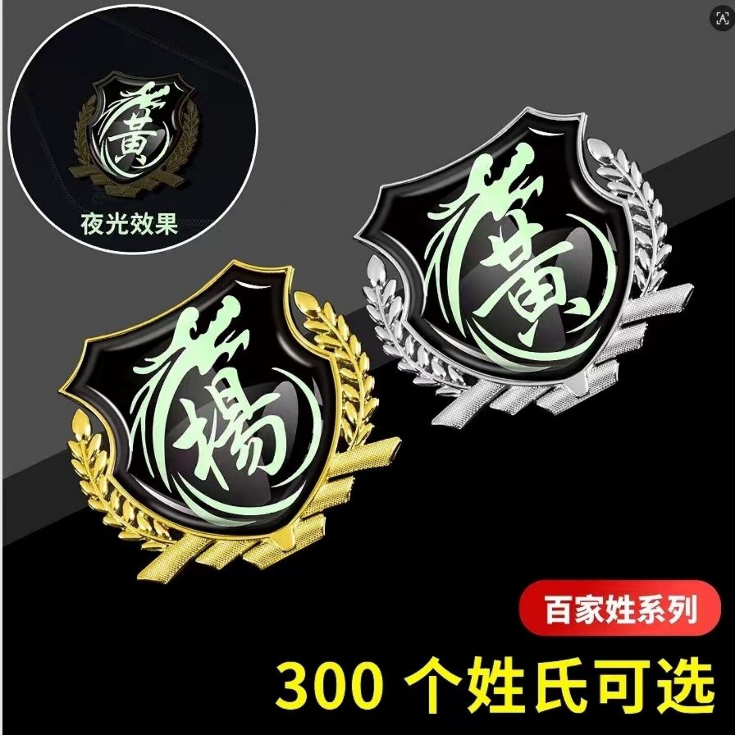 汽车电动摩托车身侧标百家姓夜光3D立体麦穗姓氏徽章金属标装饰贴