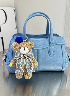 玛莎爱贝儿2026新款蓝色波士顿包女百搭单肩斜挎手提包小熊挂件潮